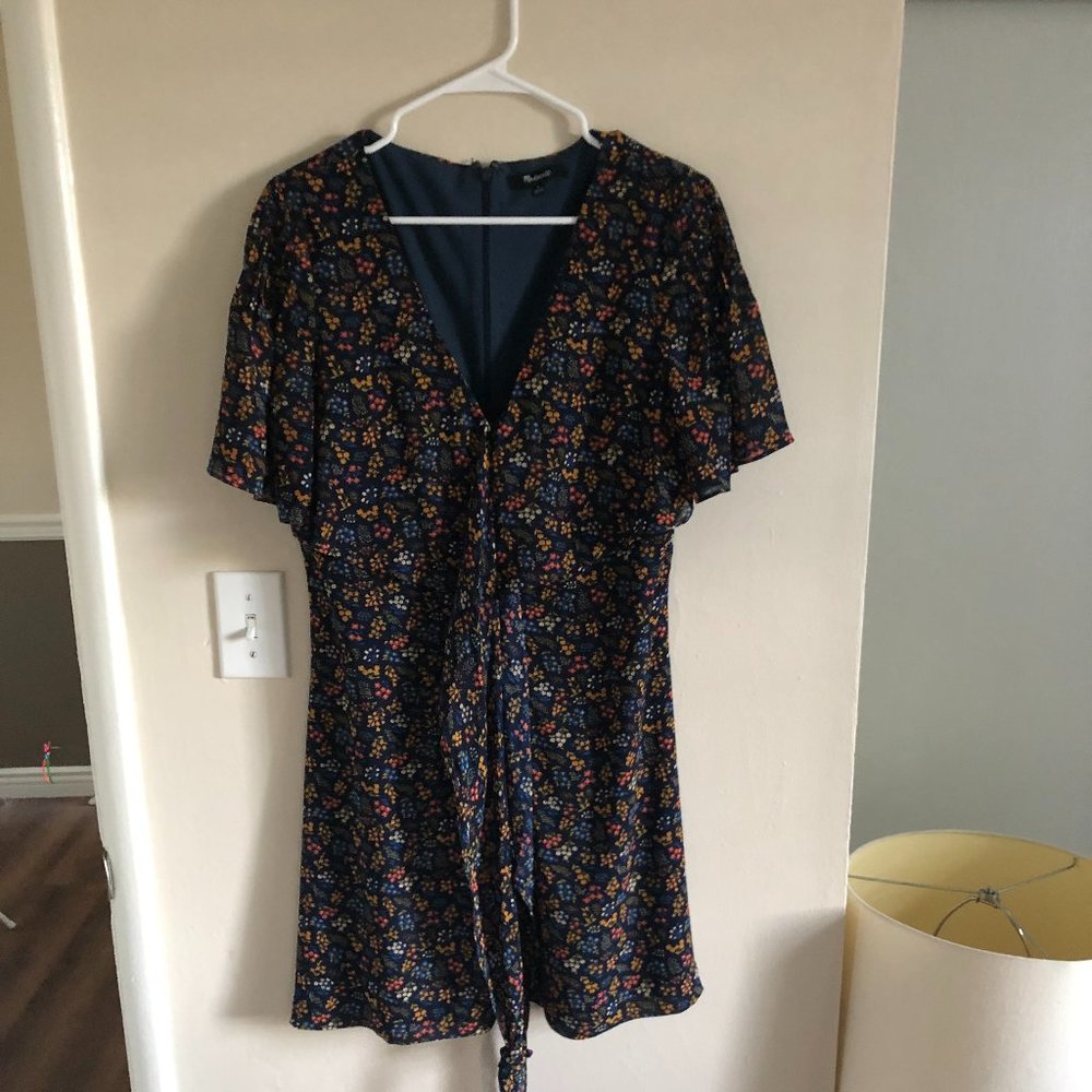Madewell Floral Deep Blue Dress With Tie Waist